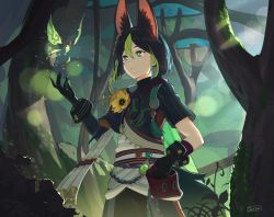 Rule 34 | 1boy, animal ear fluff, animal ears, black gloves, black hair, commentary request, cowboy shot, dappled sunlight, fairy, fantasy, flower, fox boy, fox ears, genshin impact, gloves, green eyes, green hair, hair between eyes, highres, holding, looking at another, male focus, multicolored hair, solo, streaked hair, sunlight, talisui, teeth, tighnari (genshin impact), tree, yellow flower