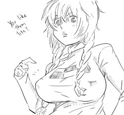 Rule 34 | 1girl, alternate breast size, bad id, bb (baalbuddy), braid, breasts, covered erect nipples, english text, fourth wall, greyscale, inactive account, large breasts, long hair, madotsuki, monochrome, pointing, pointing at self, sweater, twin braids, yume nikki