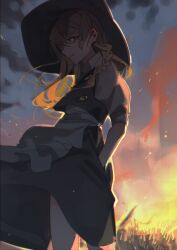 Rule 34 | 1girl, absurdres, apron, black hat, black skirt, black vest, blonde hair, bow, braid, buttons, cloud, cloudy sky, cowboy shot, dress, from below, hair between eyes, hands in pockets, hat, hat bow, highres, kirisame marisa, looking at viewer, medium hair, outdoors, puffy short sleeves, puffy sleeves, shi chimi, shirt, short sleeves, single braid, skirt, skirt set, sky, solo, standing, sunset, touhou, turtleneck, vest, waist apron, white apron, white shirt, witch hat, yellow eyes