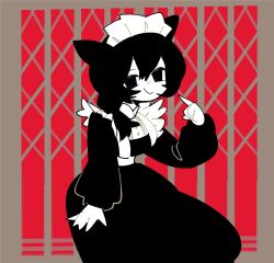 Rule 34 | 1girl, adpx, animal ears, arm at side, black dress, black eyes, black hair, border, brown border, cat ears, center frills, cevio, chikyuu no ura (cevio), closed mouth, colored skin, dress, elevator door, feet out of frame, frills, gathers, hair over shoulder, half-closed eyes, hand up, high collar, highres, leaning forward, long hair, long sleeves, looking at viewer, low ponytail, maid, no pupils, pointing, pointing at self, puffy long sleeves, puffy sleeves, red background, smirk, solo, white skin