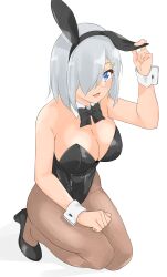 Rule 34 | 1girl, absurdres, animal ears, black bow, black bowtie, black leotard, blue eyes, bow, bowtie, breasts, brown pantyhose, cleavage, detached collar, grey hair, hair ornament, hair over one eye, hairclip, hamakaze (kancolle), highres, kantai collection, large breasts, leotard, maonatten, pantyhose, playboy bunny, rabbit ears, short hair, simple background, sitting, smile, solo, strapless, strapless leotard, white background, wrist cuffs