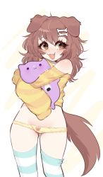 Rule 34 | 1girl, :3, ahoge, animal ears, blush, bone, brown eyes, brown hair, dog ears, dog tail, fang, fredek666, hair ornament, hairclip, highres, hololive, inugami korone, nekomata okayu (cat), open mouth, panties, paw print, simple background, smile, solo, standing, striped clothes, striped thighhighs, tail, thighhighs, underwear, virtual youtuber