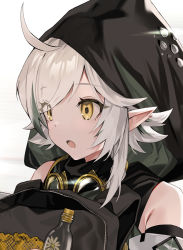 Rule 34 | 1girl, :o, ahoge, arknights, backpack, bag, bare shoulders, bottle, goggles, goggles around neck, hood, hood up, motto (night wear), open mouth, pointy ears, short hair, silver hair, simple background, solo, tomimi (arknights), upper body, white background
