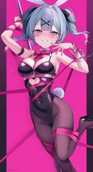 Rule 34 | 1girl, animal ears, arm strap, black footwear, black leotard, blue eyes, blue hair, blush, bow, breasts, cleavage, colored inner hair, covered navel, cuffs, cutout above navel, detached collar, fake animal ears, fake tail, hair ornament, handcuffs, hatsune miku, high heels, highres, leotard, looking at viewer, medium breasts, multicolored hair, pantyhose, patent heels, pink bow, pink hair, pink pupils, pink ribbon, playboy bunny, pole, pumps, rabbit ears, rabbit hole (vocaloid), rabbit tail, ribbon, shoes, short hair, shu bii, solo, stiletto heels, stripper pole, sweat, tail, teardrop facial mark, twintails, two-tone hair, vocaloid, x hair ornament