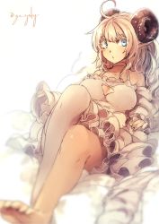 Rule 34 | 1girl, ahoge, barefoot, blonde hair, blue eyes, blush, breasts, cleavage, cleavage cutout, closed mouth, clothing cutout, curled horns, dress, genyaky, horizontal pupils, horns, large breasts, long hair, original, pointy ears, reclining, single thighhigh, sitting, solo, thighhighs, twitter username, white background, white dress