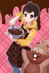 Rule 34 | 1boy, absurdres, apron, bowl, brown apron, brown eyes, brown hair, character print, commentary request, creatures (company), game freak, gen 8 pokemon, greedent, grin, heart, highres, holding, holding bowl, holding whisk, hood, hood down, hoodie, male focus, mixing, mixing bowl, nintendo, official alternate costume, outline, pink background, pokemon, pokemon (creature), pokemon masters ex, short hair, smile, teeth, victor (palentine&#039;s 2024) (pokemon), victor (pokemon), whisk, yellow hoodie, yuu (jgvj7873)