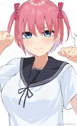 Rule 34 | 1girl, alternate costume, alternate hairstyle, artist name, black ribbon, blue eyes, blue sailor collar, blush, bow, breasts, commentary, embarrassed, eyebrows hidden by hair, fingernails, go-toubun no hanayome, hair between eyes, hair ribbon, hands up, highres, irarei (araisanblog), large breasts, looking at viewer, nakano ichika, nervous smile, paid reward available, paw pose, pink hair, polka dot, polka dot bow, red bow, ribbon, sailor collar, school uniform, serafuku, shirt, short hair, short sleeves, simple background, smile, solo, straight-on, sweat, tears, twintails, twitter username, white background, white shirt