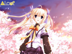 Rule 34 | 1girl, :d, ahoge, blonde hair, blue ribbon, bow, bowtie, cherry blossoms, clover (series), clover heart&#039;s, company name, emblem, evening, floating hair, game cg, hair ribbon, layered sleeves, logo, long hair, long sleeves, mikoshiba rio, multiple sleeves, nimura yuuji, official art, open mouth, petals, plaid, plaid skirt, puffy long sleeves, puffy sleeves, ribbon, saiga (company), school uniform, short over long sleeves, short sleeves, skirt, sky, smile, solo, sunset, tree, twilight, twintails, yellow bow, yellow bowtie, yellow ribbon