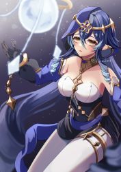 Rule 34 | 1girl, absurdres, bare shoulders, black gloves, blue hair, blurry, breasts, choker, cleavage, commentary request, depth of field, genshin impact, gloves, hair between eyes, headpiece, highres, layla (genshin impact), long hair, long sleeves, looking at viewer, low twintails, medium breasts, pantyhose, parted lips, pointy ears, reia hana, sidelocks, simple background, solo, strapless, thighlet, twintails, veil, very long hair, white pantyhose, yellow eyes
