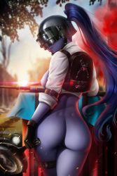 Rule 34 | 1girl, absurdres, ass, ayya sap, backpack, bag, bottomless, breasts, curvy, from behind, frying pan, helmet, highres, hip focus, huge ass, long hair, nipples, outdoors, overwatch, overwatch 1, playerunknown&#039;s battlegrounds, ponytail, solo, thick thighs, thighs, wide hips, widowmaker (overwatch)