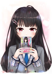 Rule 34 | 1girl, ahoge, black hair, blazer, blue necktie, commentary request, covered mouth, cropped torso, eyebrows hidden by hair, grey jacket, hair ornament, highres, holding, jacket, long hair, long sleeves, looking at viewer, necktie, omoomomo, original, plaid, red eyes, shirt, sidelocks, signature, solo, upper body, very long hair, white shirt