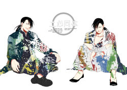 Rule 34 | 2011, 2boys, bak, bandages, black footwear, black hair, black jacket, black pants, black shirt, character name, crossed legs, dated, elbow rest, elbows on knees, english text, fingernails, full body, fullmetal alchemist, greed (fma), hair over one eye, hair ribbon, hands on own knees, jacket, jacket on shoulders, light smile, ling yao, long hair, long sleeves, looking at viewer, looking away, male focus, multiple boys, one eye closed, pants, pectorals, ponytail, puffy pants, red eyes, ribbon, shaded face, shirt, simple background, sitting, smile, spread legs, spring (season), teeth, text focus, translation request, unmoving pattern, white background, white jacket, white pants, white ribbon
