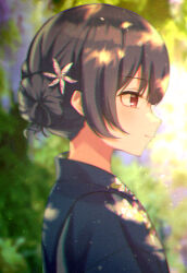 Rule 34 | 1girl, absurdres, black hair, blue kimono, blurry, blurry background, blush, bosumonki, commentary request, dappled sunlight, flower, from side, hair bun, hair flower, hair ornament, highres, idolmaster, idolmaster shiny colors, japanese clothes, kimono, looking ahead, morino rinze, outdoors, profile, red eyes, single side bun, smile, solo, sunlight, upper body