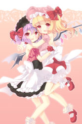 Rule 34 | 2girls, alternate costume, alternate hairstyle, alternate headwear, aogiri sei, apron, bare shoulders, bat wings, blonde hair, bloomers, bobby socks, bow, doily, enmaided, fang, flandre scarlet, hair bow, hug, jumping, lolita fashion, looking at viewer, maid, maid apron, maid headdress, mary janes, multiple girls, off shoulder, open mouth, purple hair, red eyes, red footwear, remilia scarlet, shirt, shoes, siblings, side ponytail, sisters, skirt, smile, socks, sweet lolita, touhou, twintails, underwear, waist apron, wings, wrist cuffs