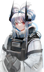 Rule 34 | absurdres, alternate hairstyle, arknights, black gloves, bow, bulletproof vest, cinnamiku hairstyle, closed mouth, earrings, gloves, grey hair, hair bow, highres, jewelry, long hair, long sleeves, looking at viewer, mudrock (arknights), own hands together, pointy ears, red eyes, sidelocks, smile, upper body, wawamachi (wawamachis), white bow