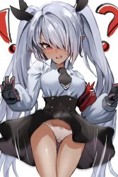 Rule 34 | !?, 1girl, absurdres, armband, black gloves, black necktie, black ribbon, black skirt, blue archive, blush, bow, bow panties, breasts, clothes lift, collared shirt, dark-skinned female, dark skin, gloves, grey hair, groin, hair over one eye, hair ribbon, highres, horn/wood, iori (blue archive), long hair, long sleeves, medium breasts, necktie, open mouth, panties, pointy ears, puffy long sleeves, puffy sleeves, red eyes, ribbon, shirt, short necktie, skirt, skirt lift, solo, standing, teeth, twintails, underwear, upper teeth only, v-shaped eyebrows, very long hair, white panties, white shirt