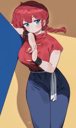 Rule 34 | 1girl, blouse, blue eyes, blue pants, blush, braid, braided ponytail, breasts, chinese clothes, closed mouth, highres, large breasts, looking at viewer, pants, ranma-chan, ranma 1/2, red hair, red shirt, redrawn, ryusei hashida, saotome ranma, shirt, short hair, short sleeves, signature, sleeveless, sleeveless shirt, solo, standing