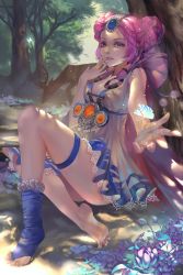 Rule 34 | 1girl, barefoot, blue butterfly, blue socks, breasts, bug, butterfly, chinese commentary, cleavage, closed mouth, commentary request, day, deer, double bun, dress, flower, forest, full body, hair bun, hand up, highres, insect, light particles, medium breasts, mmmilk, nature, original, outdoors, pink eyes, pink hair, purple flower, short dress, sitting, socks, solo, thigh strap, thighs, toeless legwear, tree, white dress