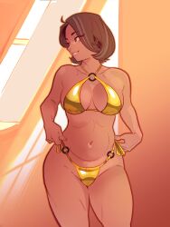 Rule 34 | 1girl, adjusting clothes, adjusting swimsuit, bikini, breasts, brown hair, cameltoe, commentary, dark-skinned female, dark skin, day, english commentary, gold bikini, golden week, highres, jewelry, looking to the side, mature female, medium breasts, navel, neal d. anderson, nora (neal d. anderson), o-ring, o-ring bikini, o-ring bottom, o-ring top, original, parted lips, short hair, smile, solo, standing, swimsuit, thighs, variant set