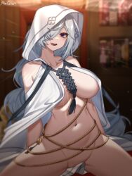 1girl :q artist_name bare_shoulders blurry blurry_background bookshelf bottomless breasts chain cloak collarbone commentary_request counter:side depth_of_field dot_nose gold_chain grey_hair groin hair_over_one_eye highres hood hooded_cloak korean_commentary large_breasts long_hair looking_at_viewer magnet_(akwlspt) merlin_(counter:side) naked_cloak navel one_eye_covered open_mouth purple_eyes sitting solo spread_legs stomach teeth tongue tongue_out upper_teeth_only white_cloak