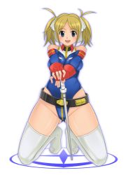 Rule 34 | 1girl, belt, blonde hair, breasts, fingerless gloves, gloves, green eyes, gundam, gundam card builder, highleg, highleg leotard, hip focus, large breasts, leotard, looking at viewer, open mouth, reiko holinger, short hair, short twintails, simple background, smile, solo, thick thighs, thighhighs, thighs, twintails, white background, white thighhighs, yokaze japan