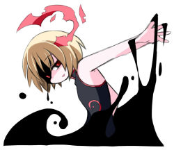 Rule 34 | 1girl, alternate costume, blonde hair, darkness, embodiment of scarlet devil, ex-rumia, female focus, kugelschreiber, outstretched arm, red eyes, ribbon, rumia, simple background, smile, solo, touhou, white background