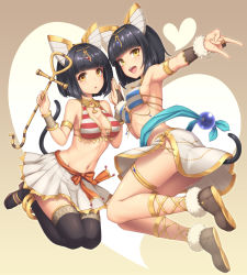 Rule 34 | 2girls, :d, :o, \n/, animal ears, ankh, anklet, armlet, armpits, bikini, bikini top only, black legwear, blue ribbon, blunt bangs, blush, bob cut, boots, bow, breasts, bridal gauntlets, brown background, cat ears, cat tail, circlet, cleavage, coin purse, cross-laced clothes, cross-laced legwear, egyptian clothes, eyebrows, full body, fur trim, gem, hair ornament, halterneck, heart, holding, jewelry, looking at viewer, makeup, midriff, multiple girls, navel, necklace, open mouth, orange bow, orange ribbon, original, outstretched arm, pendant, pleated skirt, ribbon, ring, sasaame, scepter, side-tie skirt, skirt, smile, stomach, striped bikini, striped clothes, swimsuit, tail, thigh boots, thighhighs, underboob, upskirt, white skirt, wristband, yellow eyes