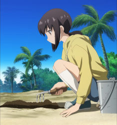 Rule 34 | 10s, 1girl, beach, brown eyes, brown hair, cloud, coconut tree, from side, fubuki (kancolle), highres, kantai collection, palm tree, rake, sand, screencap, sky, solo, tree