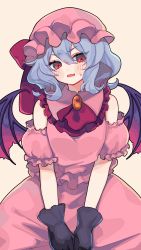 Rule 34 | 1girl, adapted costume, ascot, bare shoulders, bat wings, black gloves, blue hair, blush, bow, brooch, dress, fang, frilled shirt collar, frills, garan co, gloves, grey background, hair between eyes, hat, hat bow, head tilt, highres, jewelry, medium hair, mob cap, open mouth, pink dress, pink hat, puffy short sleeves, puffy sleeves, red ascot, red bow, red eyes, remilia scarlet, short sleeves, simple background, skin fang, solo, sweat, touhou, v-shaped eyebrows, v arms, wings