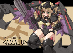 Rule 34 | 00s, 1girl, black footwear, blonde hair, blush, boots, breasts, covered navel, green eyes, gundam, gundam astray gold frame amatsu, gundam astray gold frame amatsu mina custom, gundam seed, gundam seed astray, large breasts, leotard, letterboxed, looking at viewer, mecha musume, simple background, skin tight, solo, thigh boots, thighhighs, yellow background