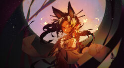 Rule 34 | 1girl, absurdres, animal ears, arrow (projectile), bell, brown hair, chromatic aberration, de yi, detached sleeves, earrings, facial mark, fingernails, floating hair, forehead mark, fox ears, fox girl, full moon, hands up, highres, holding, holding arrow, japanese clothes, jewelry, jingle bell, kimono, light particles, long hair, looking at viewer, miko, moon, night, night sky, open mouth, original, sharp fingernails, sky, smile, solo, star (sky), teeth, upper body