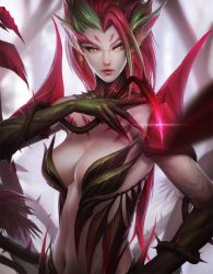 Rule 34 | 1girl, arieaesu, bare shoulders, breasts, cleavage, earrings, facial mark, fingernails, forehead mark, jewelry, large breasts, league of legends, long fingernails, long hair, monster girl, multicolored hair, navel, pale skin, plant, plant girl, red hair, solo, thorns, upper body, vines, yellow eyes, zyra