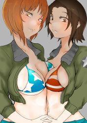 Rule 34 | 2girls, american flag bikini, american flag print, bikini, bikini under clothes, blush, breast press, breasts, brown eyes, brown hair, brown jacket, closed mouth, commentary, cropped jacket, emblem, flag print, girls und panzer, grey background, half-closed eyes, highres, holding hands, interlocked fingers, jacket, long sleeves, looking at viewer, medium breasts, midriff, monji (crazy flogman 1), multiple girls, navel, nishizumi miho, open clothes, open jacket, orange eyes, orange hair, print bikini, saunders military uniform, sawa azusa, short hair, simple background, smile, standing, star (symbol), swimsuit, symmetrical docking