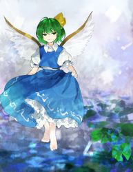 Rule 34 | 1girl, barefoot, blue skirt, blue vest, bow, closed mouth, collared shirt, commentary request, daiyousei, fairy wings, flat chest, fog, full body, hair bow, half-closed eyes, highres, kaigen 1025, lily pad, looking to the side, one side up, outdoors, petticoat, puffy short sleeves, puffy sleeves, shirt, short hair, short sleeves, skirt, smile, solo, touhou, vest, walking, walking on liquid, white shirt, wing collar, wings, yellow bow