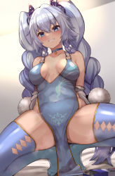 Rule 34 | 1girl, absurdres, bare shoulders, blue choker, blue dress, blue eyes, blue hair, blue thighhighs, blush, braid, breasts, choker, cleavage, collarbone, covered navel, dress, from below, girls&#039; frontline, hair ornament, highres, kihou no gotoku dmc, looking at viewer, medium breasts, official alternate costume, pa-15 (alluring larkspur) (girls&#039; frontline), pa-15 (girls&#039; frontline), solo, squatting, thick eyebrows, thick thighs, thighhighs, thighs, twin braids, twintails