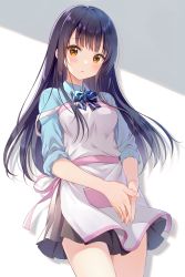 Rule 34 | 1girl, apron, black hair, blue bow, blue neckwear, blue shirt, blush, bow, brown eyes, brown skirt, collared shirt, commentary request, cowboy shot, diagonal stripes, floating hair, grey background, grey skirt, highres, long hair, looking at viewer, miniskirt, original, parted lips, pleated skirt, shirt, skirt, sleeves rolled up, solo, standing, striped, striped bow, two-tone background, very long hair, white apron, white background, wing collar, yatomi