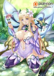 Rule 34 | 3girls, ahoge, bare shoulders, barefoot, blonde hair, blue eyes, blunt bangs, braid, breasts, butter-t, center opening, cleavage, cleavage cutout, clothing cutout, covered navel, criss-cross halter, detached sleeves, dress, elbow gloves, eyebrows, fairy, fairy (monster girl encyclopedia), fairy wings, feet, flat chest, flower, flying, forest, french braid, gem, gloves, hair flower, hair ornament, halterneck, kneeling, large breasts, leaf, long hair, looking at viewer, mini person, minigirl, monster girl, monster girl encyclopedia, monster girl encyclopedia ii, multiple girls, nature, navel, open clothes, open mouth, pink hair, pointy ears, ponytail, purple dress, purple eyes, smile, tagme, titania (monster girl encyclopedia), toeless legwear, very long hair, wings
