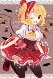 Rule 34 | + +, 1girl, bat (animal), black thighhighs, blonde hair, blush, bow, flandre scarlet, hair bow, heart, heart of string, highres, kawachi rin, no headwear, no headwear, one eye closed, open mouth, red eyes, short sleeves, side ponytail, smile, solo, thighhighs, touhou, wings, wink