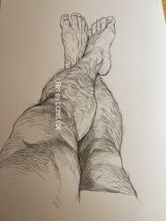 Rule 34 | 1boy, absurdres, bara, from above, graphite (medium), hairy, highres, knees, leg hair, lionglede, lower body, male focus, muscular, muscular male, nude, original, photo (medium), pov, solo, thighs, traditional media, veiny feet