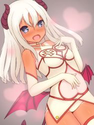 Rule 34 | 1girl, alternate costume, asakura meito, bare shoulders, blonde hair, blue eyes, blush, choker, covered navel, cowboy shot, demon girl, demon horns, demon tail, demon wings, dutch angle, elbow gloves, fang, flat chest, gloves, grey background, hair between eyes, hand on own stomach, heart, heart-shaped pupils, highres, horns, kantai collection, leotard, long hair, looking at viewer, low wings, nose blush, one-piece tan, pink wings, ro-500 (kancolle), solo, standing, symbol-shaped pupils, tail, tan, tanline, tareme, thighhighs, white choker, white gloves, white leotard, white thighhighs, wings