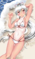 Rule 34 | 1girl, absurdres, arm behind head, armpits, beach, bikini, blush, breasts, cleavage, collarbone, commentary request, fate/grand order, fate (series), front-tie bikini top, front-tie top, gluteal fold, hair ribbon, highres, knees together feet apart, long hair, looking at viewer, lying, medium breasts, midriff, navel, ocean, on back, on ground, ponytail, red eyes, red ribbon, ribbon, shinonome halltro, side-tie bikini bottom, signature, silver hair, smile, solo, swimsuit, tan, tanline, thigh gap, tomoe gozen (fate), very long hair, water, white bikini