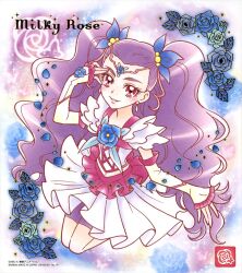 Rule 34 | 1girl, bike shorts under skirt, blue flower, blue rose, earrings, flower, highres, jewelry, long hair, magical girl, milky rose, mimino kurumi, navel, no bangs, official art, precure, purple hair, red eyes, rose, smile, solo, third-party source, twintails, yes! precure 5, yes! precure 5 gogo!