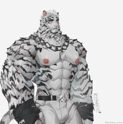 Rule 34 | 1boy, abs, absurdres, animal ears, arknights, bandaged hand, bandages, bara, belt, black belt, bulge, chain, chain necklace, cowboy shot, dryskeleton (drawing jimmy), facial hair, furry, furry male, goatee, highres, jewelry, large hands, large pectorals, looking at viewer, male focus, mountain (arknights), muscular, muscular male, necklace, nipples, pants, pectorals, scar, scar across eye, scar on arm, short hair, solo, stomach, thick arms, thick eyebrows, tiger boy, tiger ears, topless male, white hair, white pants