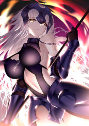 Rule 34 | 1girl, absurdres, ahoge, an yasuri, armor, armored dress, bare shoulders, blonde hair, breasts, chain, cleavage, dress, fate/apocrypha, fate/grand order, fate (series), floating hair, gauntlets, gloves, headpiece, highres, jeanne d&#039;arc (fate), jeanne d&#039;arc alter (avenger) (fate), jeanne d&#039;arc alter (fate), large breasts, long hair, looking at viewer, parted lips, silver hair, solo, standard bearer, thighs, tsurime, yellow eyes