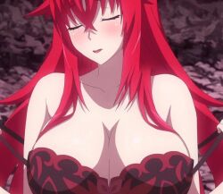 Rule 34 | 1girl, bare shoulders, black bra, blush, bra, bra pull, breasts, cleavage, closed eyes, clothes pull, collarbone, hair between eyes, high school dxd, high school dxd hero, large breasts, long hair, multicolored bra, multicolored clothes, open mouth, red bra, red hair, rias gremory, screencap, stitched, third-party edit, underwear, undressing