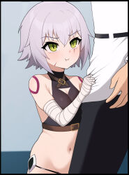 Rule 34 | 1boy, 1girl, :i, :t, bandaged arm, bandages, bare shoulders, belt, black panties, black vest, breasts, chaldea uniform, cropped vest, facial scar, fate/apocrypha, fate/grand order, fate (series), fujimaru ritsuka (male), green eyes, grimgrim, hair between eyes, highres, jack the ripper (fate/apocrypha), navel, panties, pout, scar, scar across eye, scar on cheek, scar on face, short hair, shoulder tattoo, small breasts, tattoo, underwear, vest, white hair