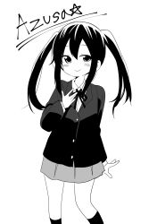 Rule 34 | 1girl, absurdres, blouse, blush, character name, collared shirt, greyscale, highres, k-on!, looking at viewer, luke (dydansgur), monochrome, nakano azusa, ribbon, school uniform, shirt, simple background, skirt, smile, solo, twintails, white background, white shirt