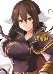 Rule 34 | 1girl, aiguillette, azur lane, bad id, bad pixiv id, belt, breasts, brown eyes, brown hair, cape, closed mouth, coat, collarbone, commentary request, epaulettes, hair between eyes, highres, horns, kanzaki kureha, large breasts, lips, long hair, long sleeves, looking at viewer, low-tied long hair, mikasa (azur lane), military, military uniform, open clothes, open coat, simple background, smile, solo, tsurime, uniform, upper body, v-shaped eyebrows, white background, white coat