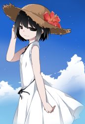 Rule 34 | 1girl, adjusting hair, black eyes, black hair, black ribbon, blue sky, bob cut, cloud, commentary, cowboy shot, dress, empty eyes, flower, from side, hammer (sunset beach), hand to head, hat, hat flower, highres, light smile, looking at viewer, looking to the side, monogatari (series), no gloves, oshino ougi, red flower, ribbon, short hair, sky, sleeveless, solo, straw hat, sundress, white dress
