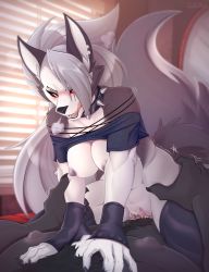 Rule 34 | 1boy, 1girl, animal ears, breasts, collar, girl on top, heavy breathing, helluva boss, hetero, highres, loona (helluva boss), nipples, scappo, sex, sitting, sitting on person, tagme, tail, wolf, wolf ears, wolf tail